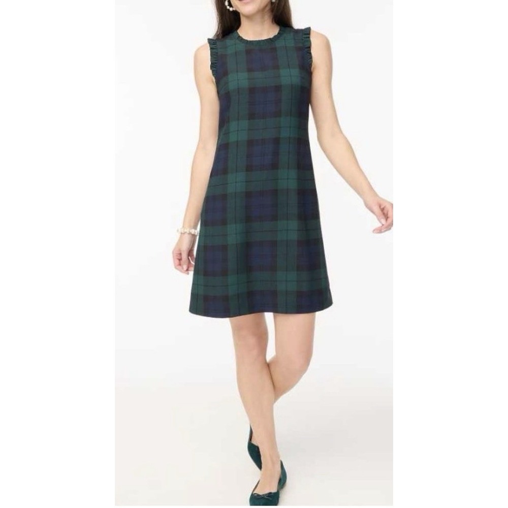 NEW J.Crew Women's 14 Black Watch Plaid Ruffle Neck Dress Holiday Preppy
